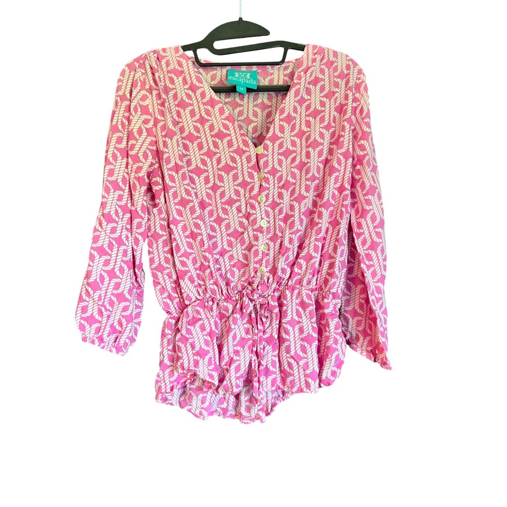 Escapada Womens Pink White Nautical Rope Print Button Peplum Blouse Medium Boho